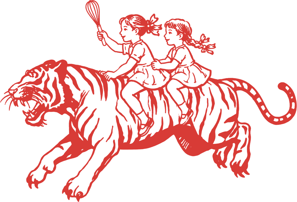 Two friends riding a tiger with a whisk